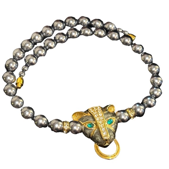 Vintage KJL Faux Grey Pearl crystal enameled panther necklace & earrings Set - Picture 8 of 11